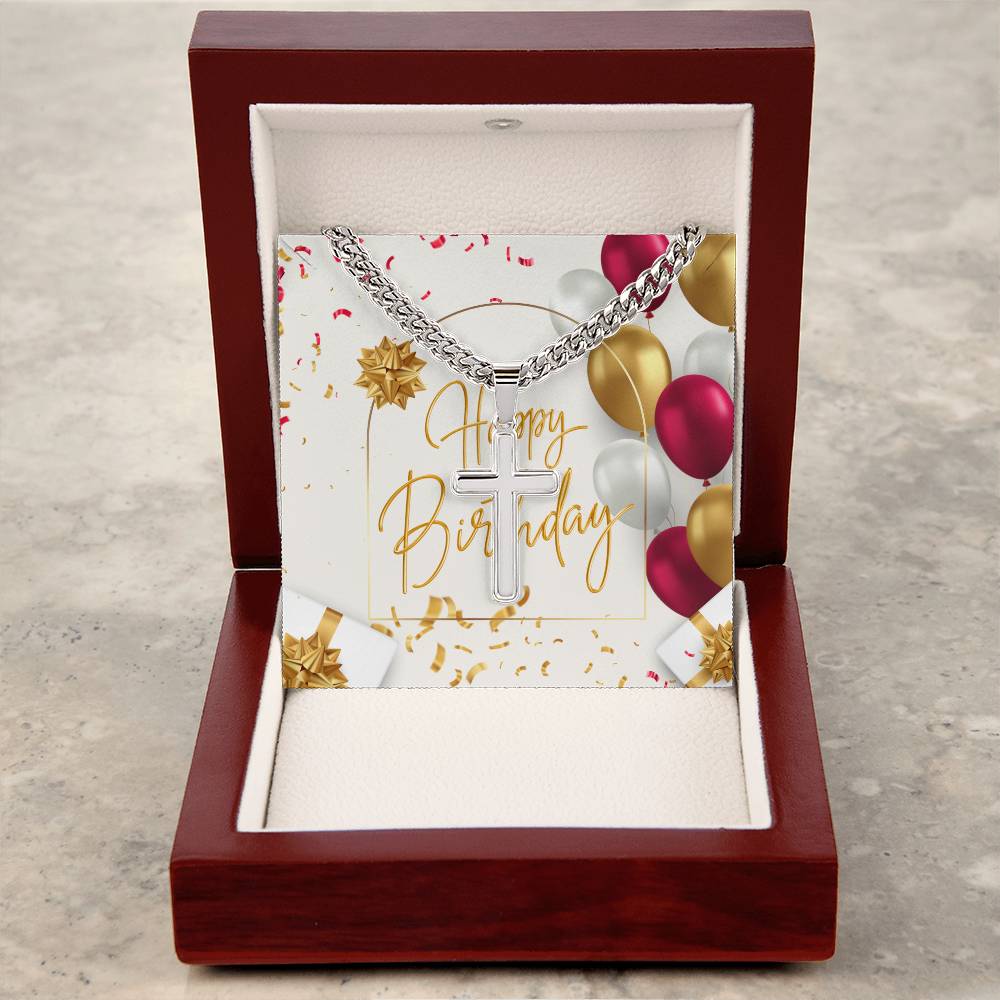 Happy Birthday Artisan Cross Necklace on Cuban Chain