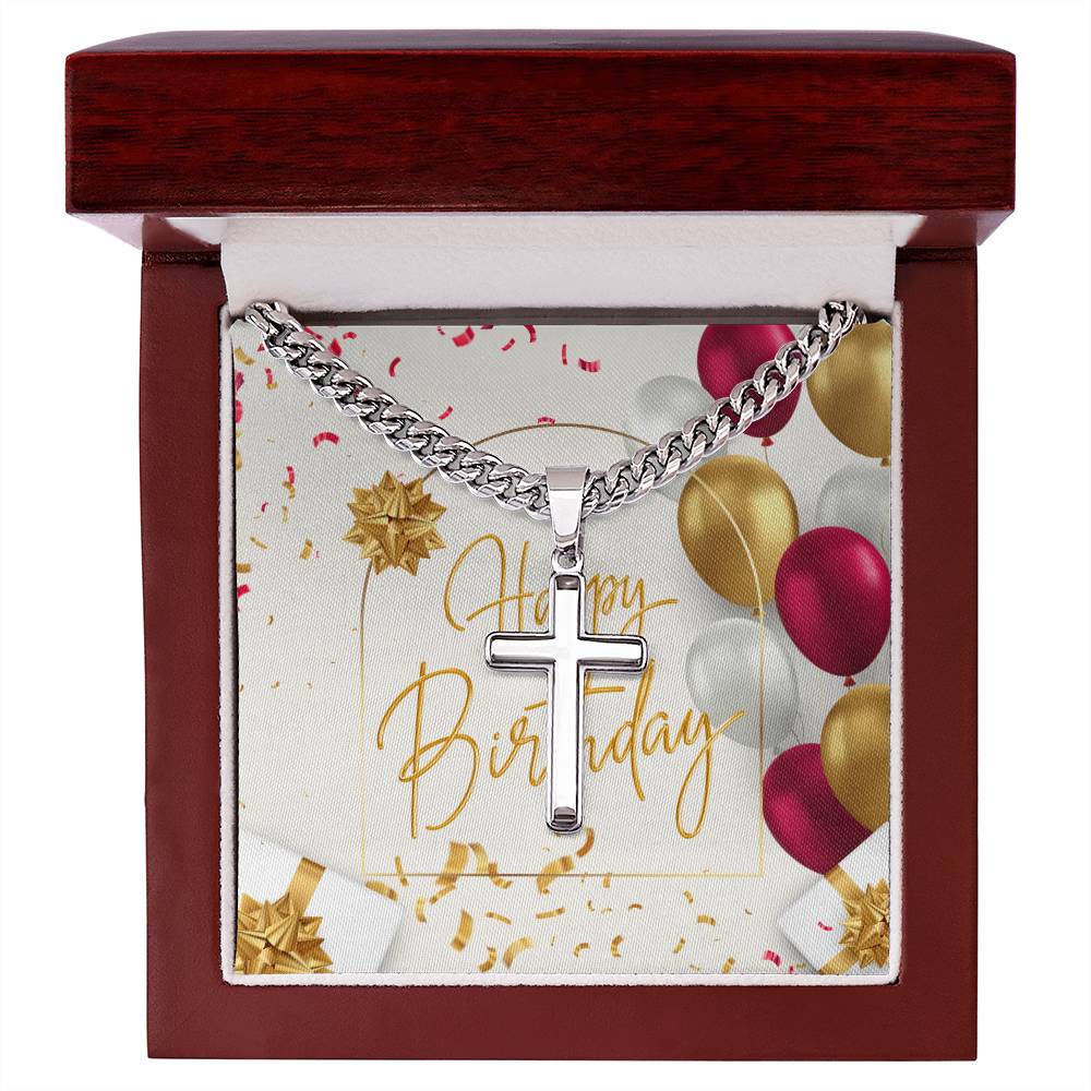 Happy Birthday Artisan Cross Necklace on Cuban Chain