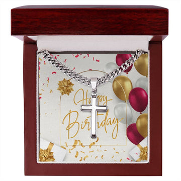 Happy Birthday Artisan Cross Necklace on Cuban Chain
